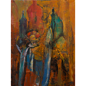 Still Life with Blue Drapes and Bronze Sculpture